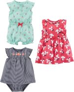 Simple Joys by Carter's Baby Girls' Romper, Sunsuit and Dress, Pack of 3